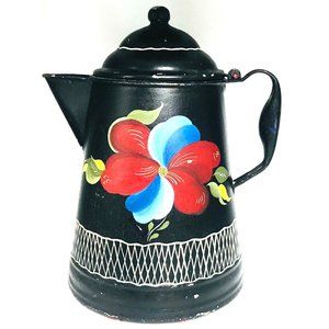 Vintage Tole Painted Coffee Pot Red Blue Flower Toleware Metalware Floral Black
